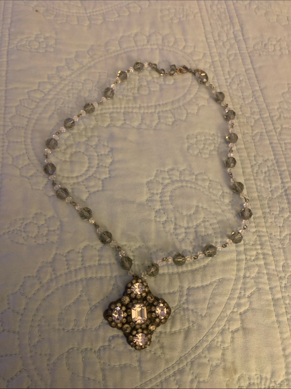 Faceted Gray Beaded Necklace with Sparkling Pendant with crystals.